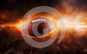 Super bowl poster. Traditional American leather football icon flying on dynamic dark background. Rugby ball banner. Fire.