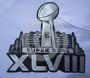 Super Bowl XLVIII logo on Seattle Seahawks team uniform presented during Super Bowl XLVIII week in Manhattan