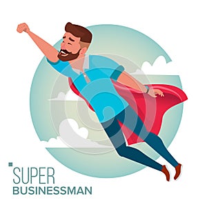 Super Businessman Character Vector. Successful Superhero Businessman Flying In Sky. Achievement Victory Concept. Waving