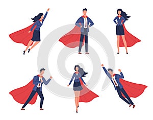 Super businessman characters. Business man and woman in different heroic poses, brave people, flying heroes in flowing photo