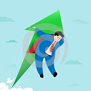 Super businessman flying with arrow. Growth and success concept. Cartoon Illustration