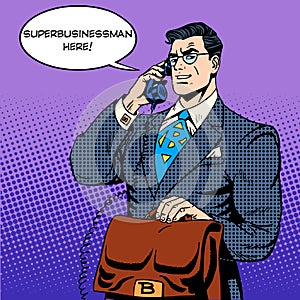 Super businessman hero talking phone success