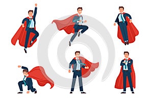 Super businessman poses. Professional superhero office manager character in costume and fluttering cape, vector set of spectacular