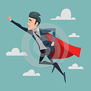 Super Businessman in Red Cape Flying to Success. Business Superhero