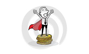 Super businessman with red cape standing on big gold coin. success concept. isolated vector illustration outline hand drawn doodle