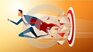 Super businessman running and breaking target archery to Successful vector. Business superhero rushing on the arrow to