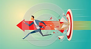 Super businessman running and breaking target archery to Successful vector. Business superhero rushing on the arrow to