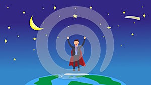 Super businessman in space over planet earth. Stars in universe and happy winner business man with raised hands up. Vector flat