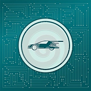 Super Car icon on a green background, with arrows in different directions. It appears the electronic board.