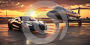 Super car and private jet on landing strip. Business class service at the airport. Business class transfer. Airport