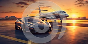 Super car and private jet on landing strip. Business class service at the airport. Business class transfer. Airport