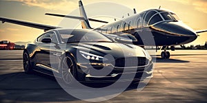 Super car and private jet on landing strip. Business class service at the airport. Business class transfer. Airport