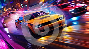 Super cars race away from camera in a drag race, vibrant colors. Environment blurs around them.