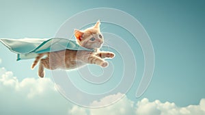 Super cat in hero outfit posing on pastel background, flying playfully with space for text
