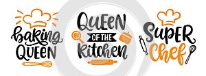 Super chef logo, Baking Queen of the Kitchen, hand written lettering emblems set