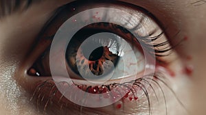 Super close-up of a red eye with a beautiful patterned pupil. There are drops of blood around the eye. The woman is a