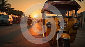 Super Close-up Of Rickshaw Taxi At Sunset: High Detailed 8k Shot