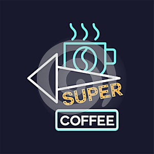 Super coffee retro neon sign, vintage bright glowing signboard, light banner vector Illustration