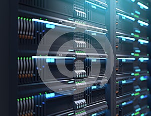 Super computer server racks in datacenter. 3d illustration