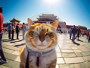 A super cool cat taking a selfie, packed by a crowded throng of human tourists and the Forbidden City.Generative AI