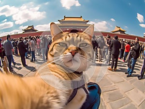 A super cool cat taking a selfie, packed by a crowded throng of human tourists and the Forbidden City.Generative AI