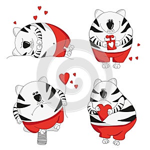Super cool cats for Valentine`s day. Set of vector illustrations of cute cats. Spring holiday. Suitable for postcards, mugs, t-shi