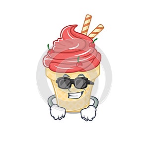 Super cool cherry ice cream mascot character wearing black glasses