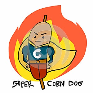 Super corndog hero on fire cartoon logo illustration