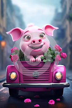 A super cute adorkable fluffy Pink Pig is smiling happily, very happy, sitting on the roof of a taxi