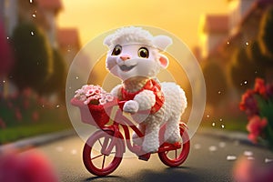 a super cute adorkable fluffy white baby lamb is smiling happily, very happy, riding a bicycle AI generated