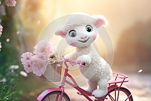 a super cute adorkable fluffy white baby lamb is smiling happily, very happy, riding a bicycle AI generated
