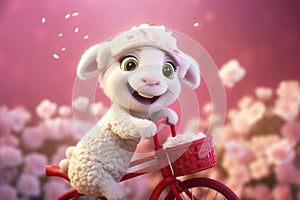 a super cute adorkable fluffy white baby lamb is smiling happily, very happy, riding a bicycle AI generated