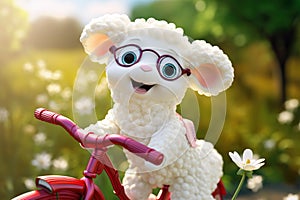 a super cute adorkable fluffy white baby lamb is smiling happily, very happy, riding a bicycle AI generated