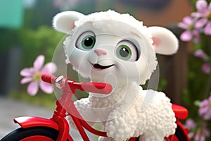 a super cute adorkable fluffy white baby lamb is smiling happily, very happy, riding a bicycle AI generated