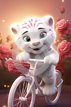 super cute adorkable fluffy white baby tiger is smiling happily, very happy, riding a bicycle with a basket of rugosa roses photo