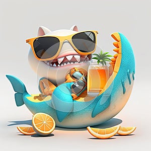 A super cute baby shark lying down on a shell hamaca, in an island, drinking orange juice, wearing sunglasses, generative Ai photo