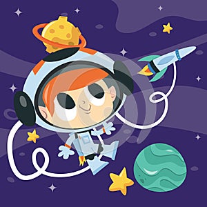 Super Cute Cartoon Astronaut Boy Floating In Space