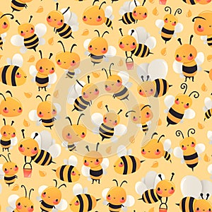 Super Cute Cartoon Busy Bees Seamless Pattern Background