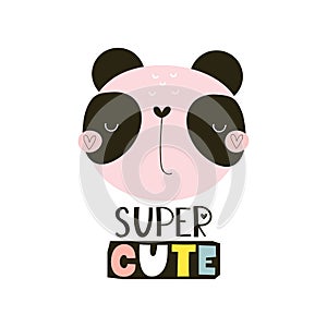 super cute. cartoon panda, hand drawing lettering, decorative elements. flat style, colorful vector for kids.