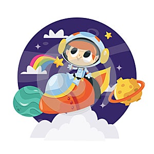 Super Cute Cartoon Space Adventure Astronaut Boy Rocket