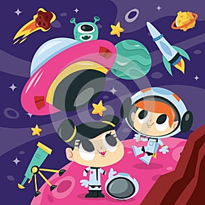 Super Cute Cartoon Space Adventure Mars Scene