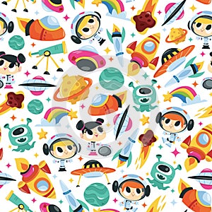 Super Cute Cartoon Space Adventure Seamless Pattern Background