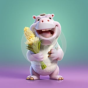 Super Cute Coypu Tale Hippopotamus Singing And Smiling With Corn In Hand On Colored Background photo