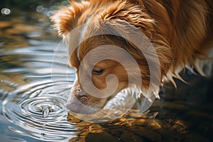 Super Cute Dog Drinks Water out of His Outdoors Bowl. Happy Little Doggy Having Fun on the Backyard. Sunny Day Outdoors