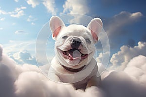 Super cute french bulldog, surreal style, in the clouds. Generative AI
