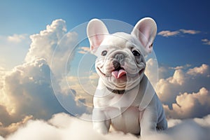 Super cute french bulldog, surreal style, in the clouds. Generative AI