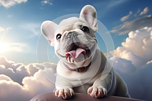 Super cute french bulldog, surreal style, in the clouds. Generative AI