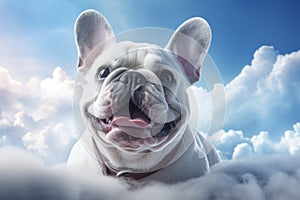 Super cute french bulldog, surreal style, in the clouds. Generative AI