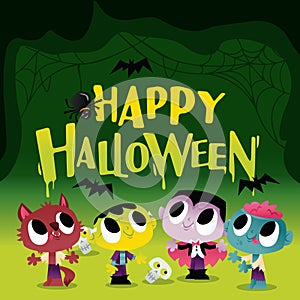 Super Cute Halloween Monsters And Ghouls In Spooky Cave