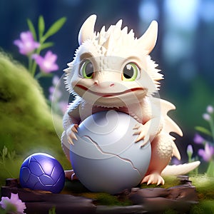 Super cute little white dragon with big eyes in green forest. Fantastic monsters. cartoon character